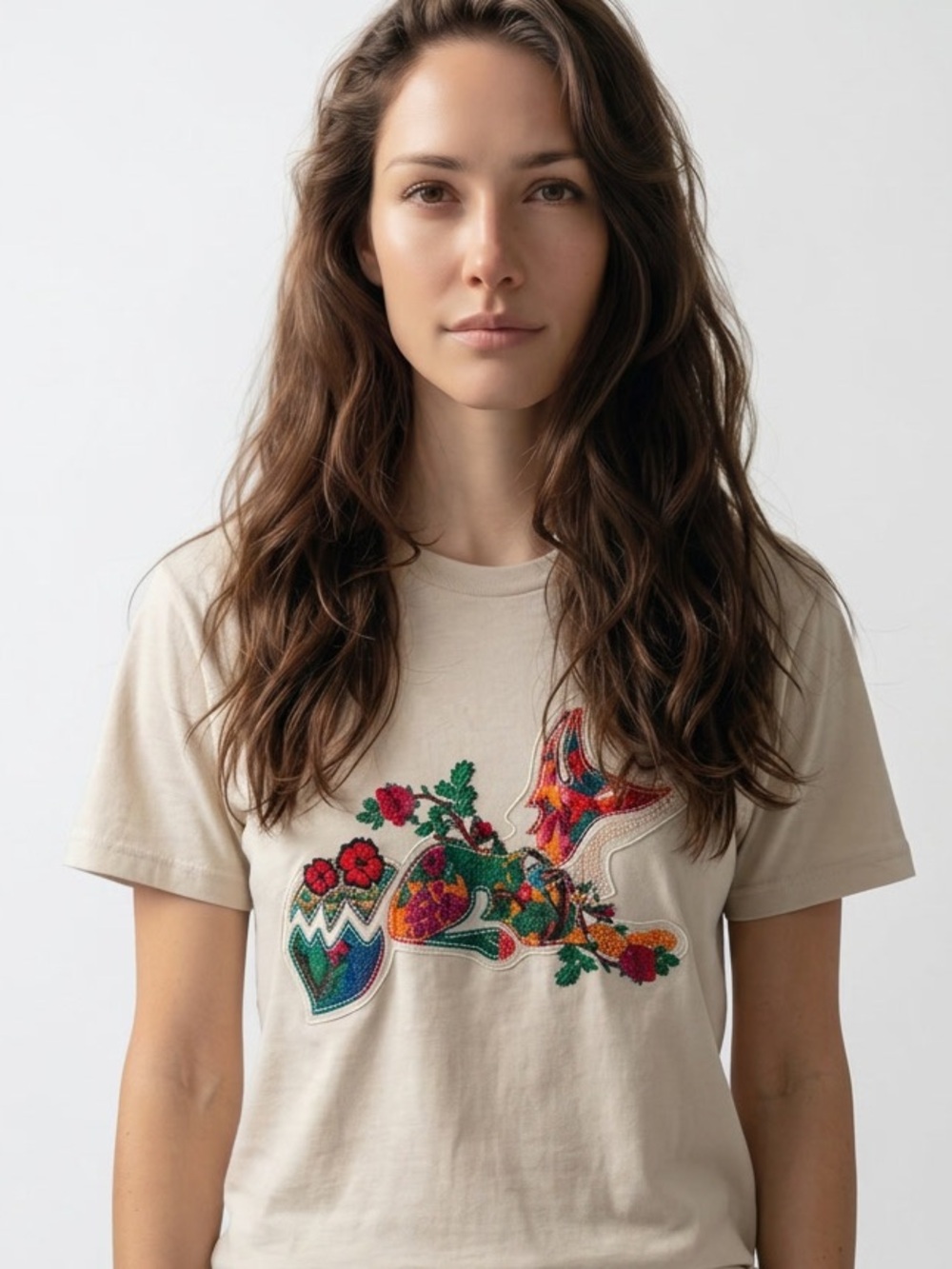 EVOLUTION AKOO | Cream Patch Embroidered Floral T-Shirt Unisex Size Small